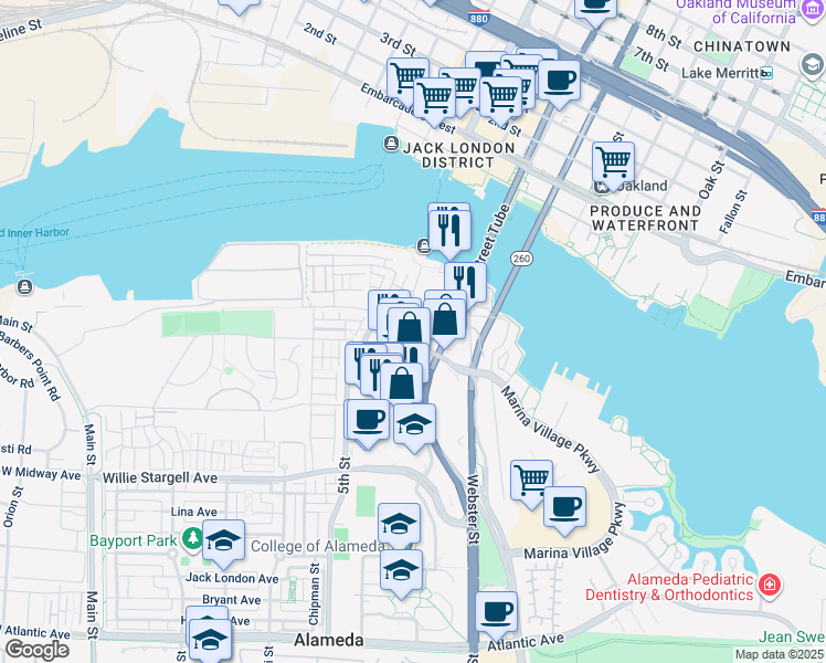 map of restaurants, bars, coffee shops, grocery stores, and more near 477 Mitchell Avenue in Alameda