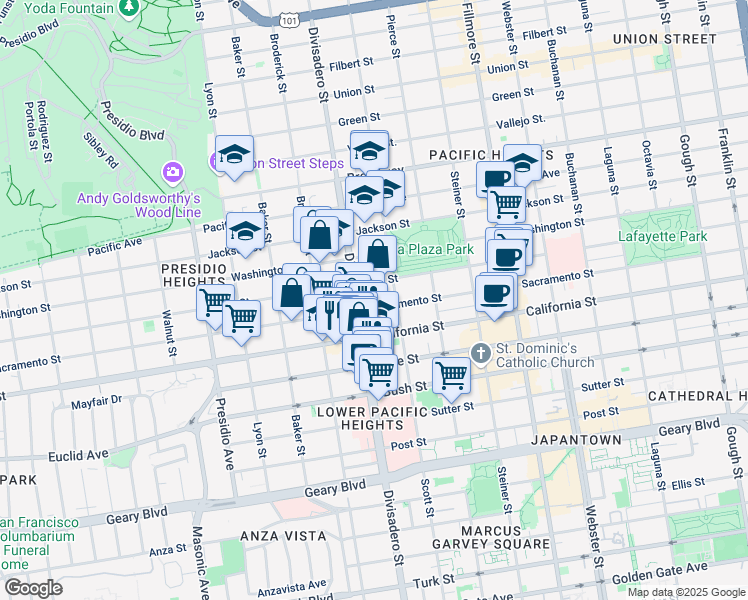 map of restaurants, bars, coffee shops, grocery stores, and more near 2860 Sacramento Street in San Francisco
