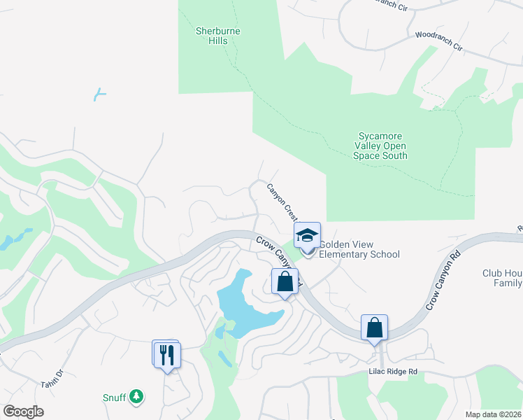 map of restaurants, bars, coffee shops, grocery stores, and more near 627 Canyon Crest Road West in San Ramon