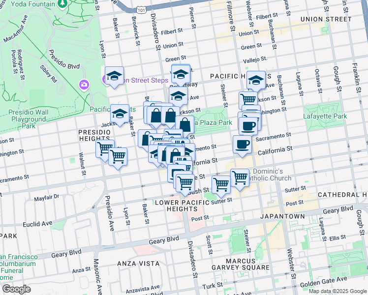 map of restaurants, bars, coffee shops, grocery stores, and more near 2114 Divisadero Street in San Francisco