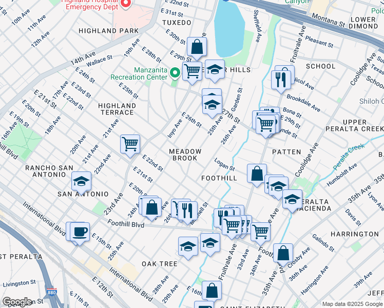 map of restaurants, bars, coffee shops, grocery stores, and more near 2409 25th Avenue in Oakland