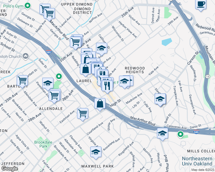 map of restaurants, bars, coffee shops, grocery stores, and more near 2 Masterson Street in Oakland