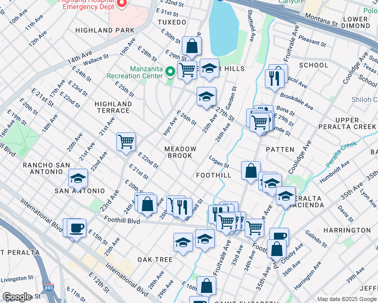 map of restaurants, bars, coffee shops, grocery stores, and more near 2409 25th Avenue in Oakland