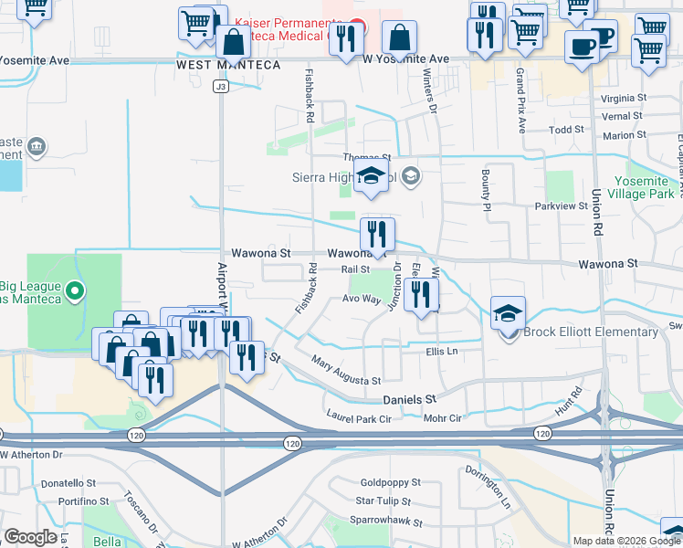 map of restaurants, bars, coffee shops, grocery stores, and more near 1824 Rail Street in Manteca