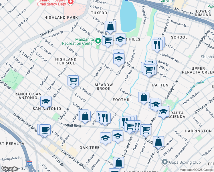 map of restaurants, bars, coffee shops, grocery stores, and more near 2418 25th Avenue in Oakland