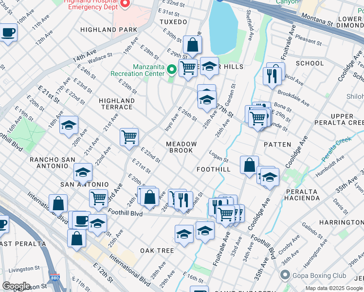 map of restaurants, bars, coffee shops, grocery stores, and more near 2411 East 24th Street in Oakland