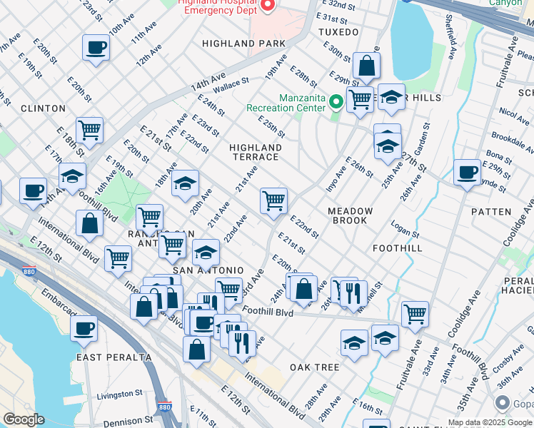 map of restaurants, bars, coffee shops, grocery stores, and more near 2230 East 21st Street in Oakland