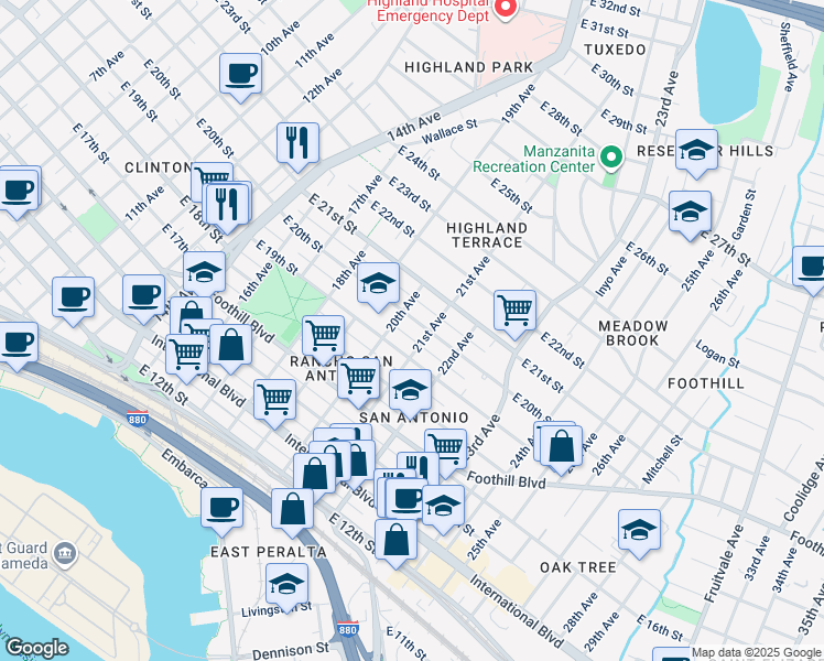 map of restaurants, bars, coffee shops, grocery stores, and more near 2048 East 20th Street in Oakland