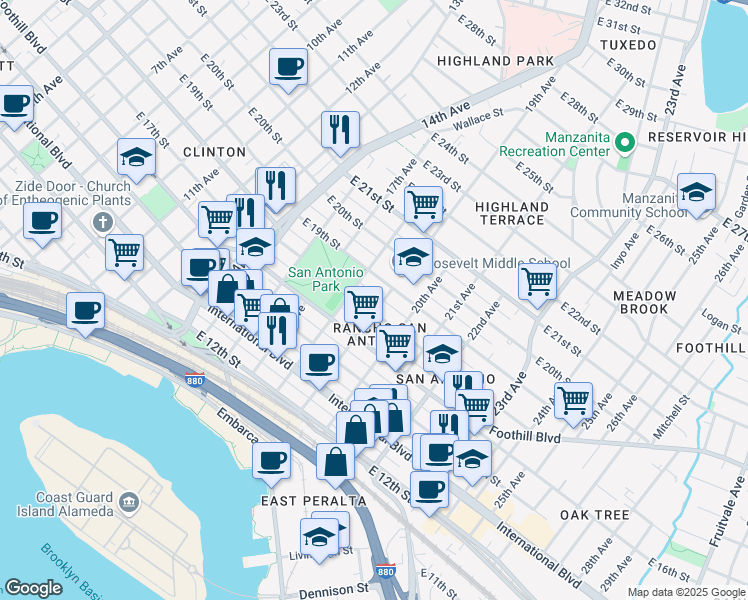 map of restaurants, bars, coffee shops, grocery stores, and more near 1905 East 19th Street in Oakland