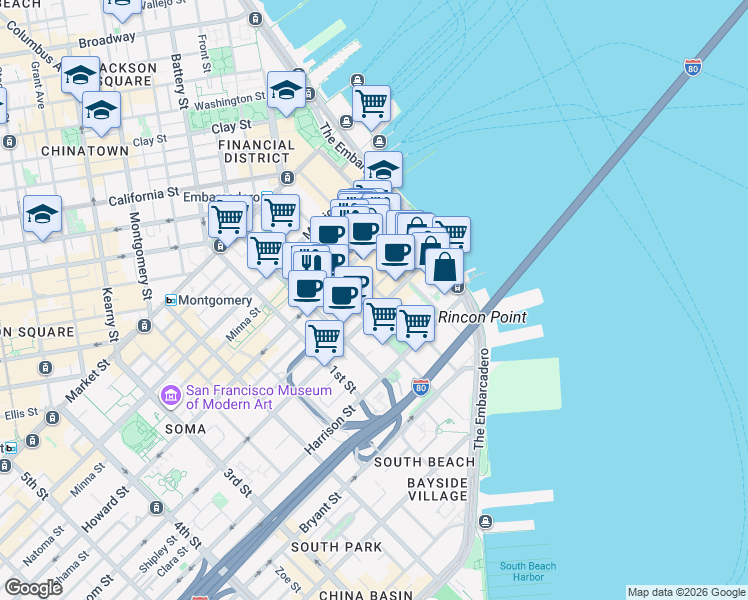 map of restaurants, bars, coffee shops, grocery stores, and more near 272 Main Street in San Francisco