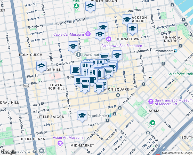map of restaurants, bars, coffee shops, grocery stores, and more near 846 Bush Street in San Francisco