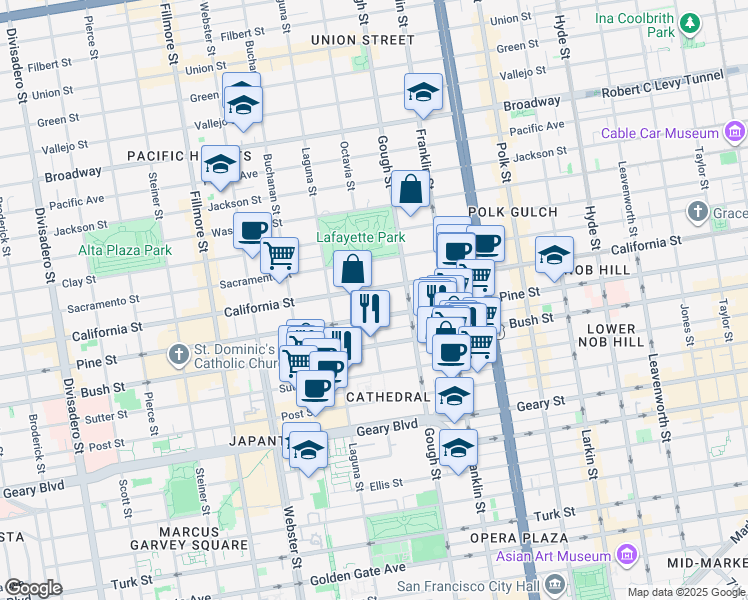 map of restaurants, bars, coffee shops, grocery stores, and more near 1987 California Street in San Francisco