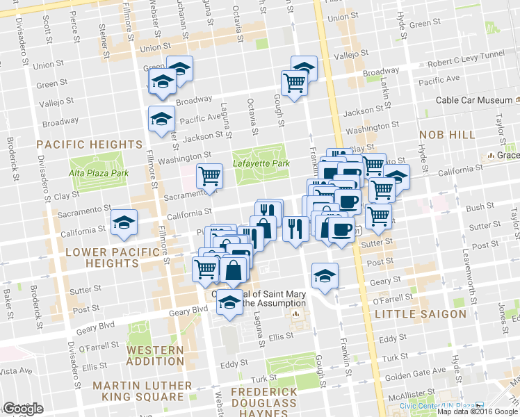 map of restaurants, bars, coffee shops, grocery stores, and more near 1987 California Street in San Francisco