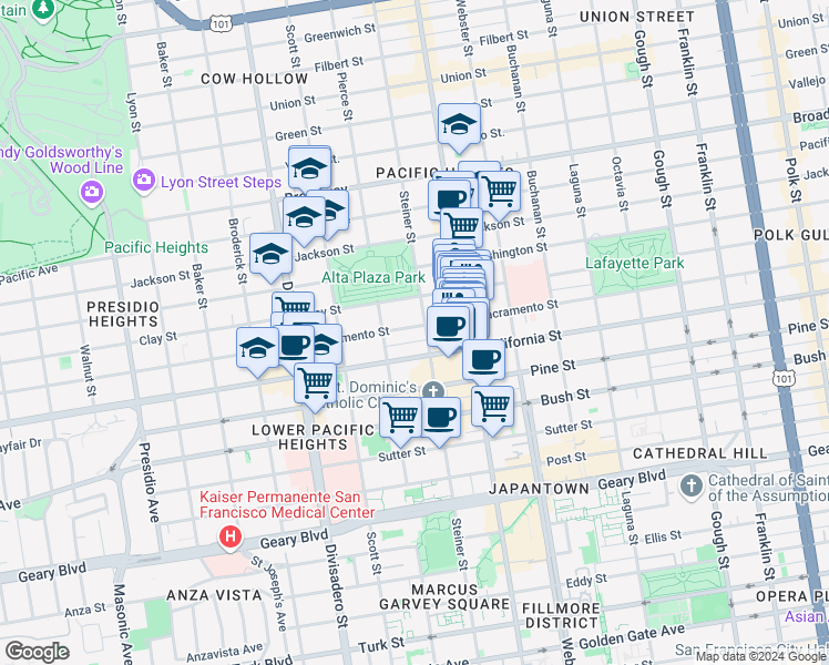 map of restaurants, bars, coffee shops, grocery stores, and more near 2605 Sacramento Street in San Francisco
