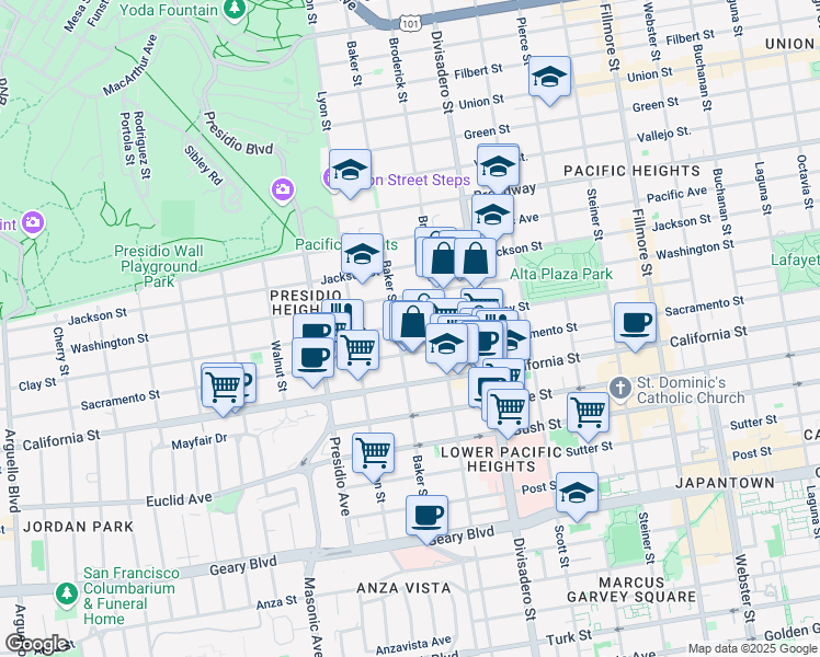 map of restaurants, bars, coffee shops, grocery stores, and more near 3065a Clay Street in San Francisco