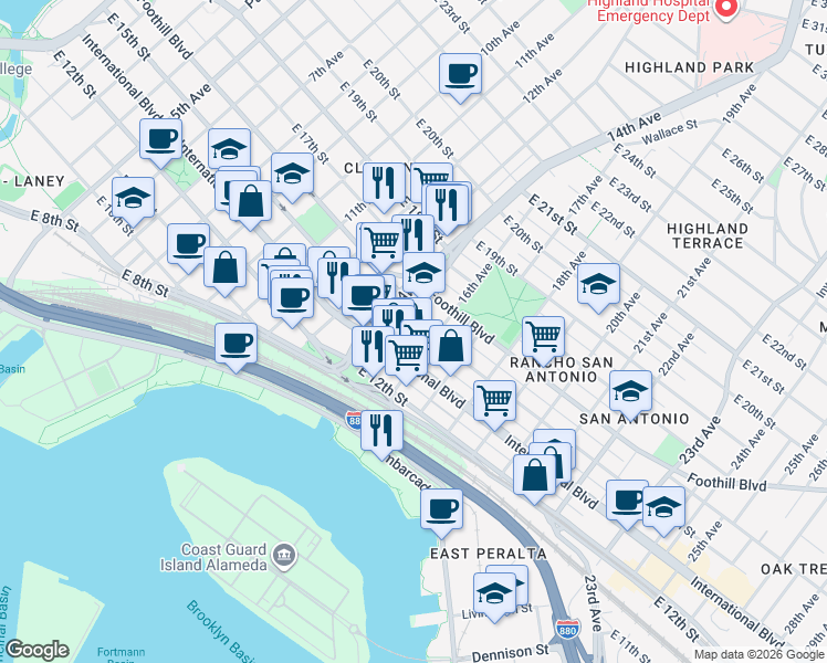 map of restaurants, bars, coffee shops, grocery stores, and more near 1515 East 15th Street in Oakland