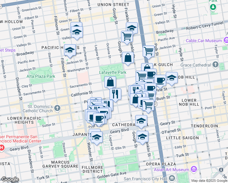 map of restaurants, bars, coffee shops, grocery stores, and more near 2001 California Street in San Francisco