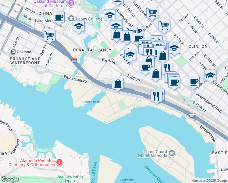 map of restaurants, bars, coffee shops, grocery stores, and more near 779 Embarcadero in Oakland