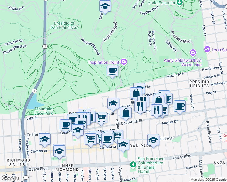 map of restaurants, bars, coffee shops, grocery stores, and more near 15 Arguello Boulevard in San Francisco