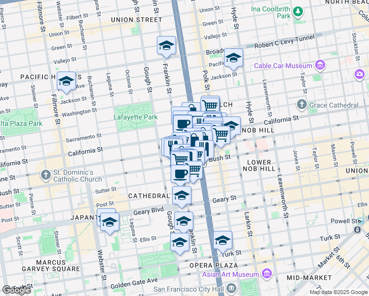map of restaurants, bars, coffee shops, grocery stores, and more near 1688 Pine Street in San Francisco