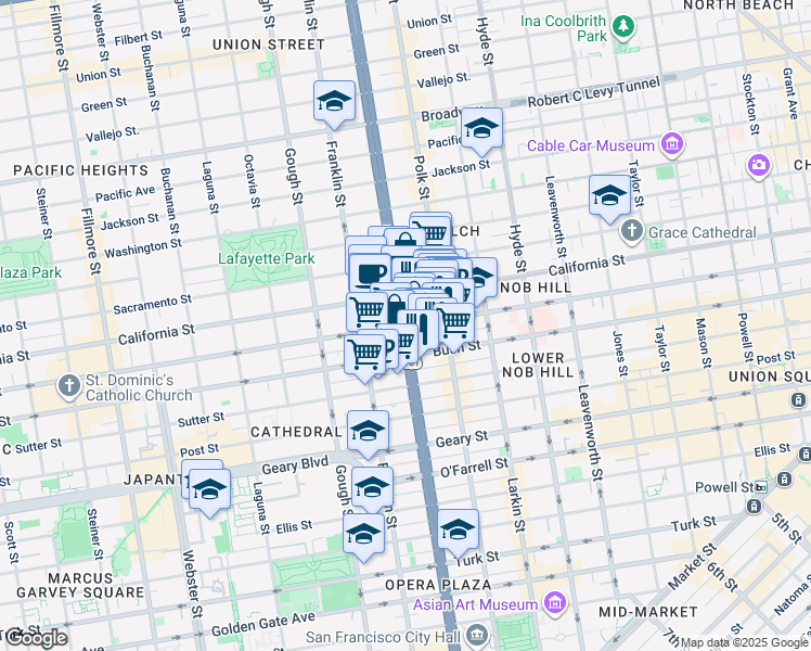 map of restaurants, bars, coffee shops, grocery stores, and more near Van Ness Ave & Pine St in San Francisco