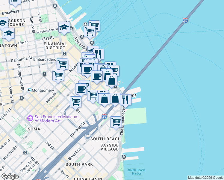 map of restaurants, bars, coffee shops, grocery stores, and more near 2 Harrison Street in San Francisco