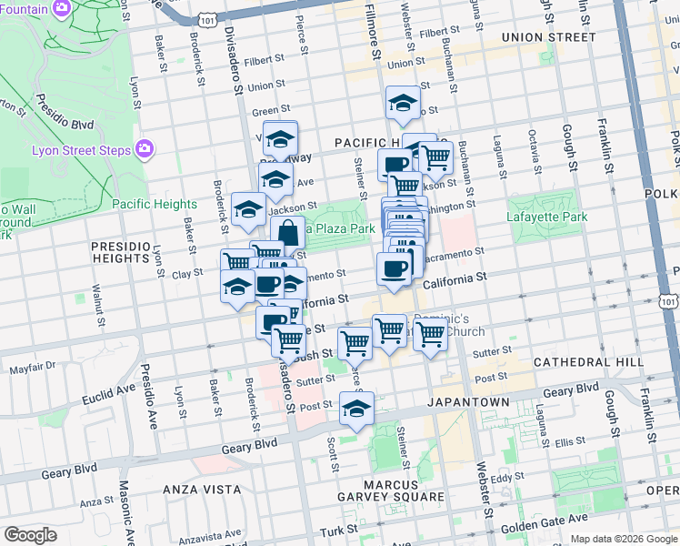 map of restaurants, bars, coffee shops, grocery stores, and more near Sacramento St & Pierce St in San Francisco