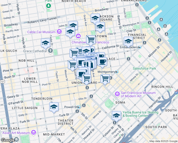 map of restaurants, bars, coffee shops, grocery stores, and more near 349 Sutter Street in San Francisco