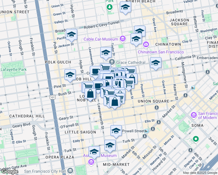 map of restaurants, bars, coffee shops, grocery stores, and more near 999 Bush Street in San Francisco