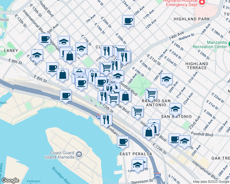 map of restaurants, bars, coffee shops, grocery stores, and more near 1515 East 15th Street in Oakland