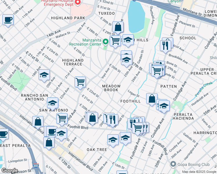 map of restaurants, bars, coffee shops, grocery stores, and more near 2411 East 24th Street in Oakland