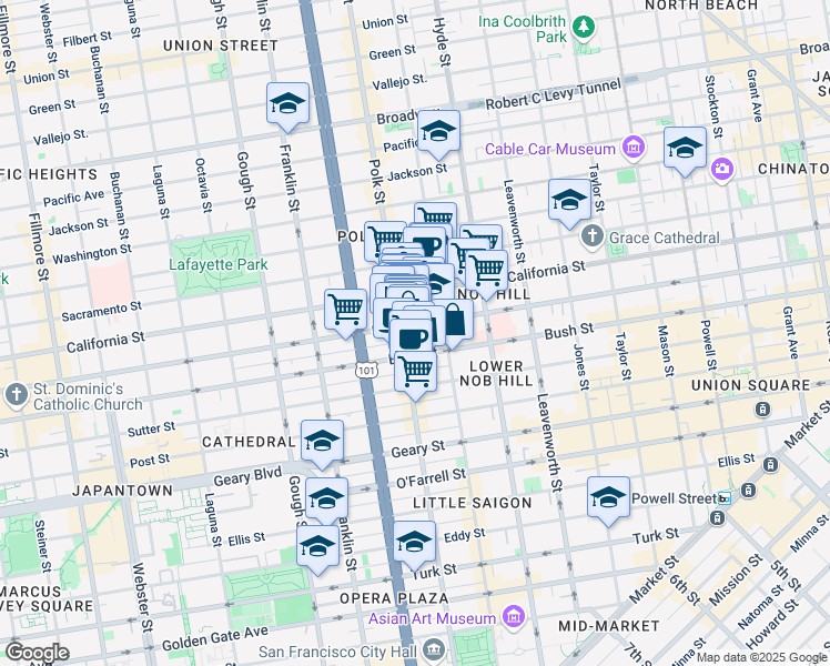 map of restaurants, bars, coffee shops, grocery stores, and more near 70 Frank Norris Street in San Francisco