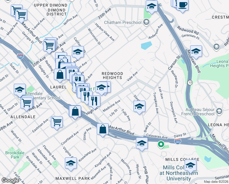 map of restaurants, bars, coffee shops, grocery stores, and more near 3761 High Street in Oakland