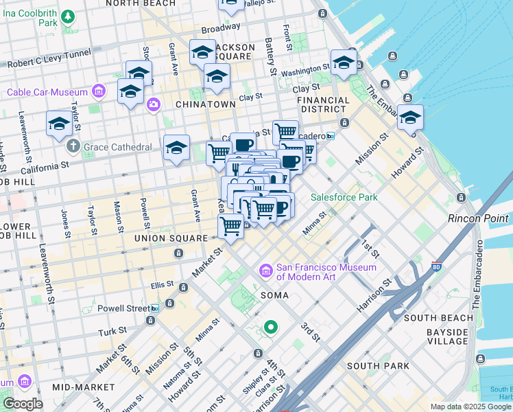 map of restaurants, bars, coffee shops, grocery stores, and more near 582 Market Street in San Francisco