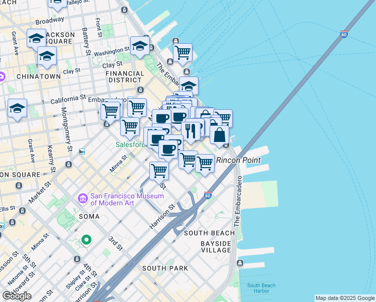 map of restaurants, bars, coffee shops, grocery stores, and more near 272 Main Street in San Francisco