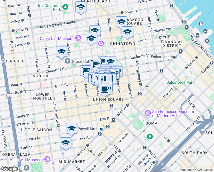 map of restaurants, bars, coffee shops, grocery stores, and more near 465 Sutter Street in San Francisco