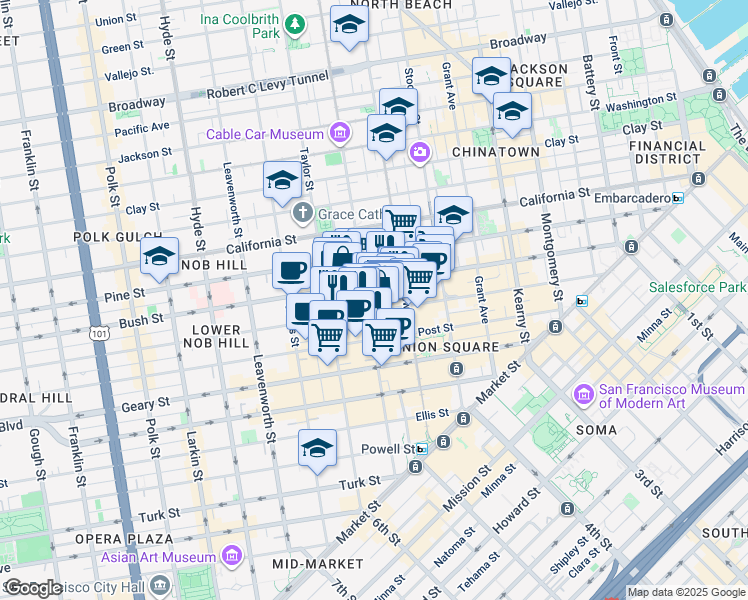 map of restaurants, bars, coffee shops, grocery stores, and more near 630 Mason Street in San Francisco