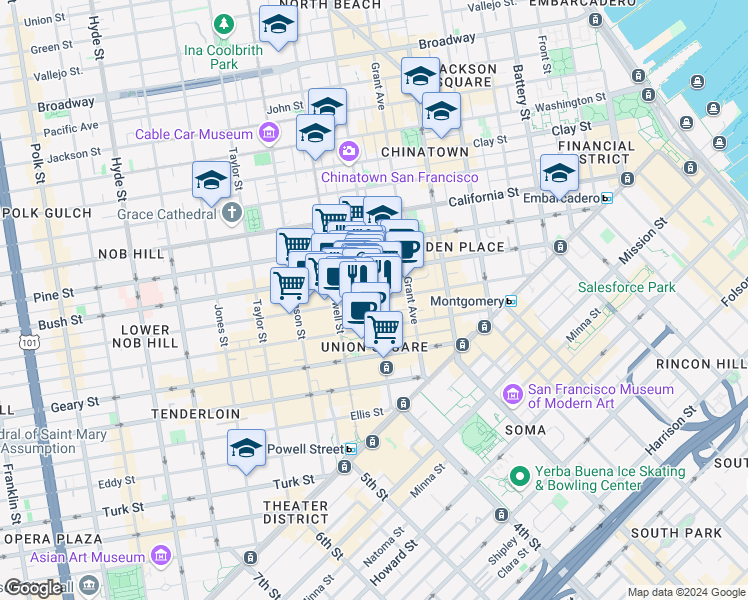 map of restaurants, bars, coffee shops, grocery stores, and more near 401 Stockton Street in San Francisco