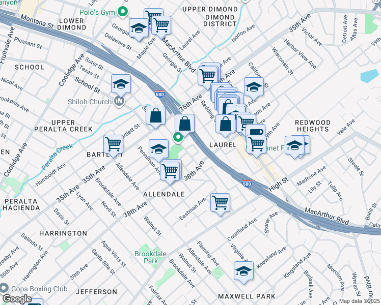 map of restaurants, bars, coffee shops, grocery stores, and more near 3770 Suter Street in Oakland