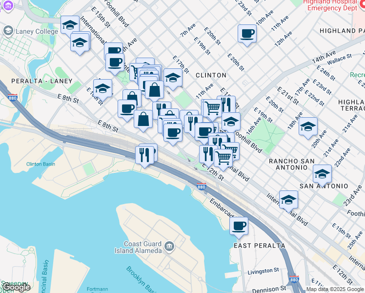 map of restaurants, bars, coffee shops, grocery stores, and more near 1234 East 12th Street in Oakland