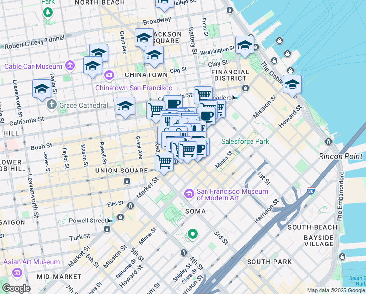 map of restaurants, bars, coffee shops, grocery stores, and more near 578 Market Street in San Francisco