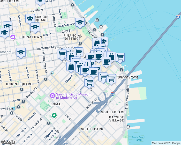 map of restaurants, bars, coffee shops, grocery stores, and more near 301 Howard Street in San Francisco