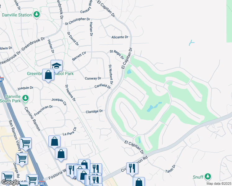 map of restaurants, bars, coffee shops, grocery stores, and more near 1854 Saint George Road in Danville