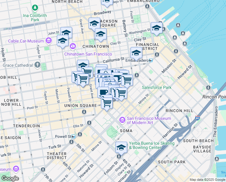 map of restaurants, bars, coffee shops, grocery stores, and more near 1 Montgomery Street in San Francisco