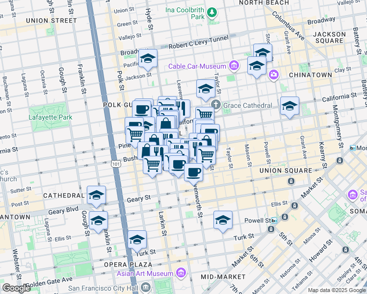 map of restaurants, bars, coffee shops, grocery stores, and more near 900 Hyde Street in San Francisco