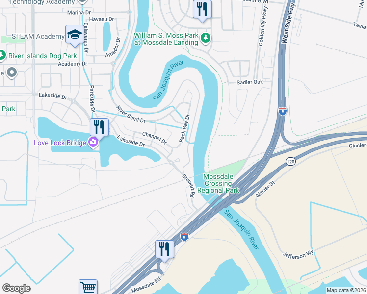 map of restaurants, bars, coffee shops, grocery stores, and more near 18756 Back Bay Drive in Lathrop