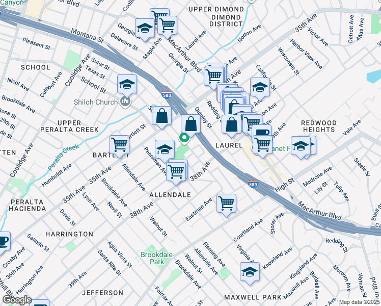 map of restaurants, bars, coffee shops, grocery stores, and more near 3229 Star Avenue in Oakland