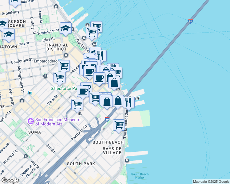 map of restaurants, bars, coffee shops, grocery stores, and more near 2 Harrison Street in San Francisco