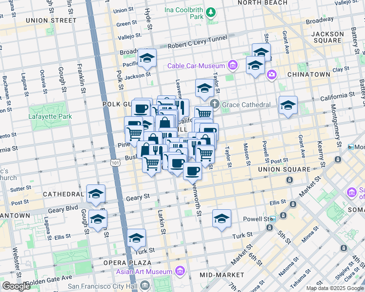 map of restaurants, bars, coffee shops, grocery stores, and more near 1126 Bush Street in San Francisco