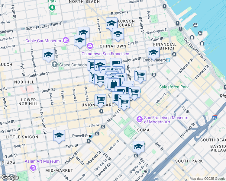 map of restaurants, bars, coffee shops, grocery stores, and more near 255 Sutter Street in San Francisco
